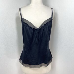 Elie Tahari Black Silk Tank Top Large Adjustable Straps Chiffon Trim Coquette